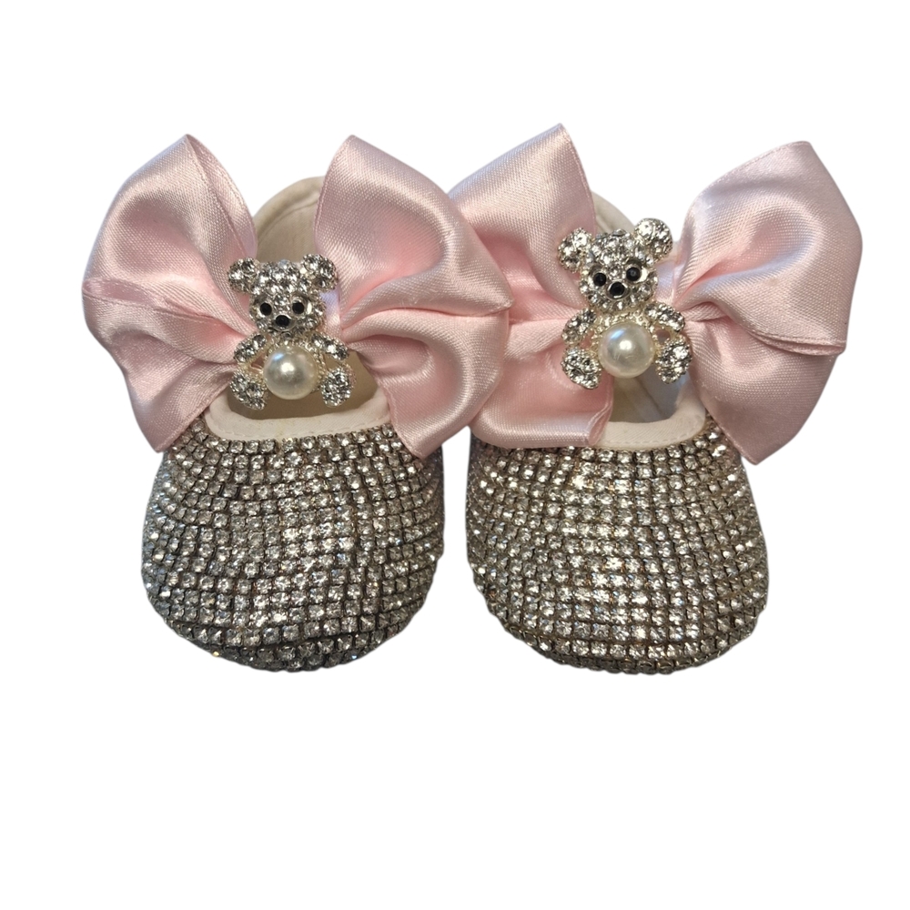 Embellished Baby Mary Janes with Pink Satin Bows